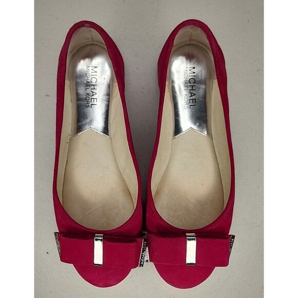 Michael Kors Kiera Suede Ballet Flats Deep Pink Size 6.5 M Bow Silver Logo - Picture 10 of 11